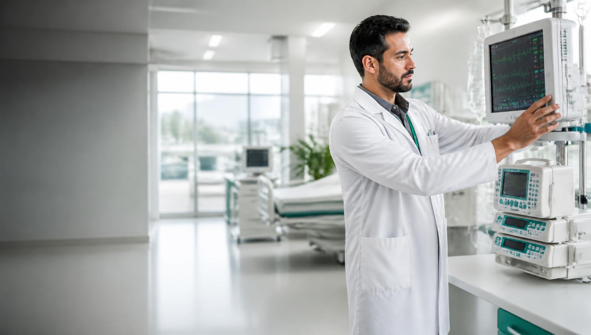 Especialista analisando equipamentos médico-hospitalares